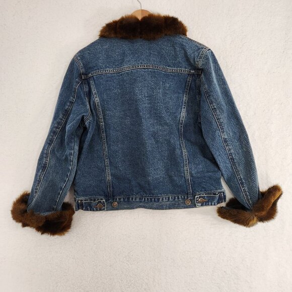 Jean Jacket With Faux Fur Brown Blue Large Vintage - Picture 7 of 9